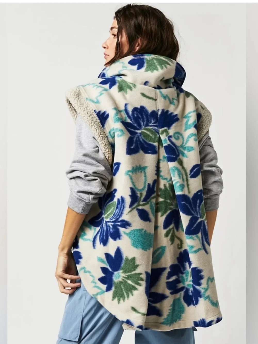 Free People Hello Sherpa Fleece Vest Floral Blue Green M $145